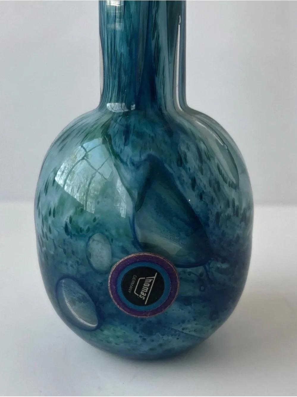 Thomas Germany Art Glass Bud Vase MCM Blue Teal Swirl Hand Blown 8